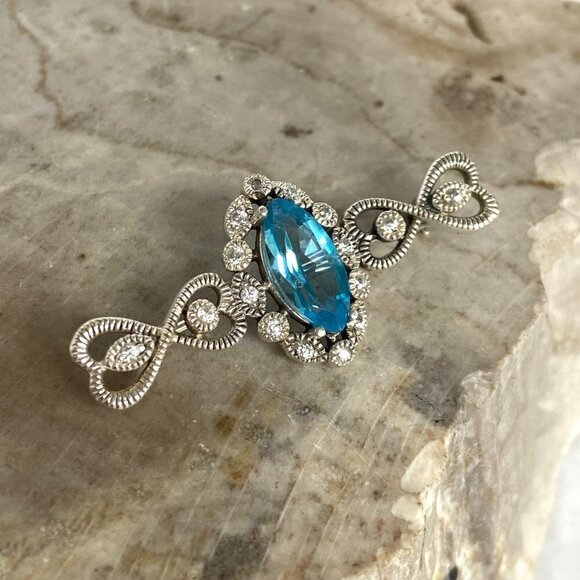 Sterling Silver 925 CJ Marquise Swiss Blue Topaz Cubic Zirconia Heart Bar Brooch - Picture 3 of 16